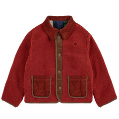 The Multicolor Tiles Reversible Sheepskin Jacket from Bobo Choses. Red jacket with brown accents.