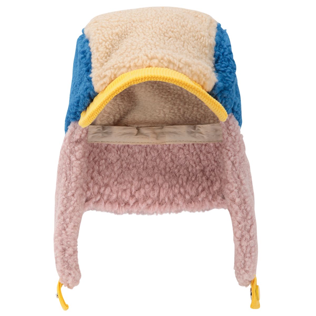 The Bobo Choses Color Block Sheepskin Chapka from Bobo Choses. Color-block shearling trapper hat with ear flaps.