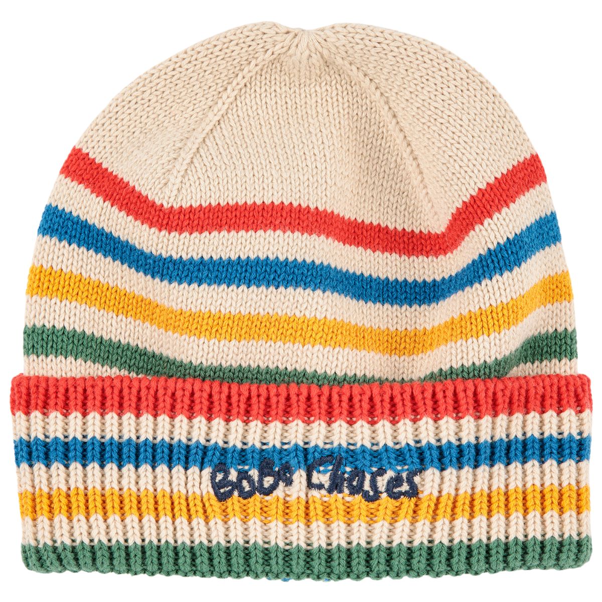 The Tic Tac Toe Knitted Striped Beanie from Bobo Choses. A knitted beanie in cream with colorful horizontal stripes.