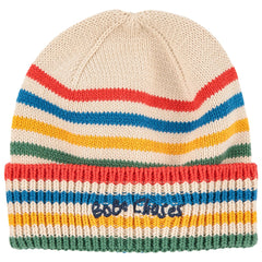 The Tic Tac Toe Knitted Striped Beanie from Bobo Choses. A knitted beanie in cream with colorful horizontal stripes.
