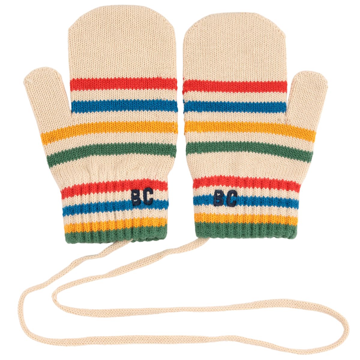 The Tic Tac Toe Knitted Striped Mittens from Bobo Choses. Knitted mittens in cream with colorful horizontal stripes.