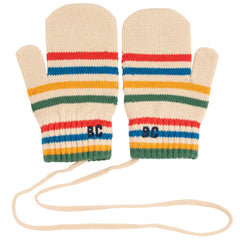 The Tic Tac Toe Knitted Striped Mittens from Bobo Choses. Knitted mittens in cream with colorful horizontal stripes.