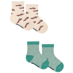 The Race Car All Over Short Socks Pack from Bobo Choses. Two pairs of socks with different patterns.