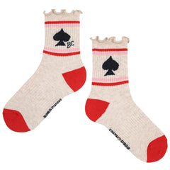 The BC Spades Short Socks from Bobo Choses. Ribbed ankle socks with red heel and toe, spade motif on the side.