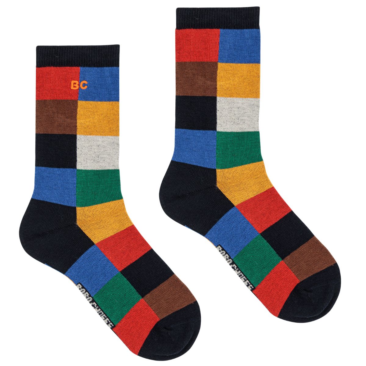 The Multicolor Tiles Long Socks from Bobo Choses. Pair of crew-length socks featuring a colorful block pattern.