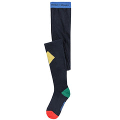 The Bobo Jocker Tights from Bobo Choses. Midnight blue tights with colorful accents on a white background.