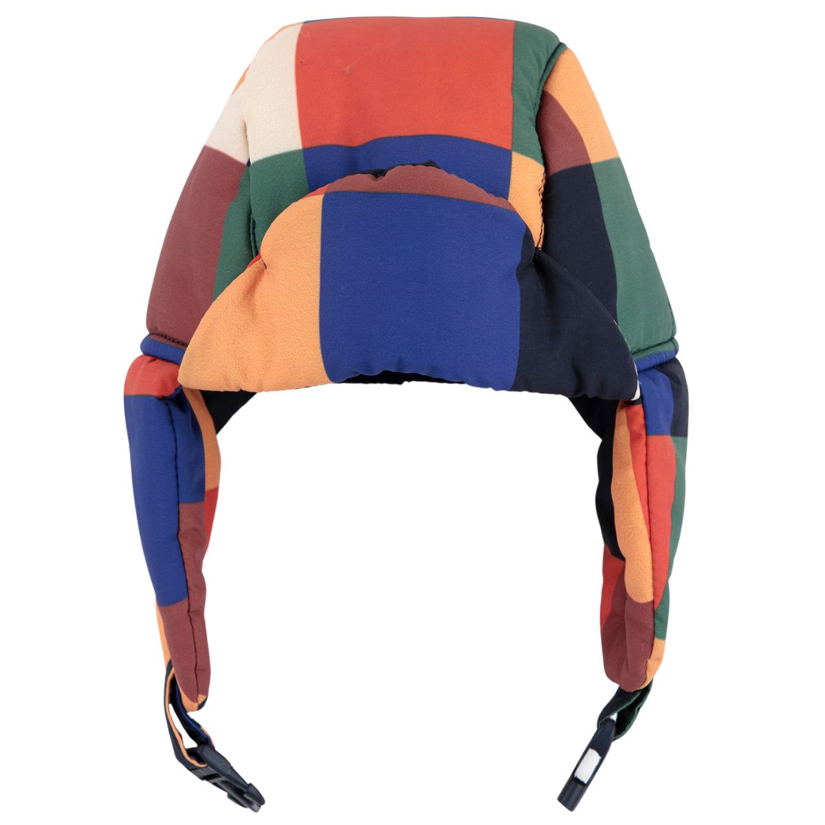 The Multicolor Tiles Chapka from Bobo Choses. A padded winter trapper hat featuring a colorful block pattern.