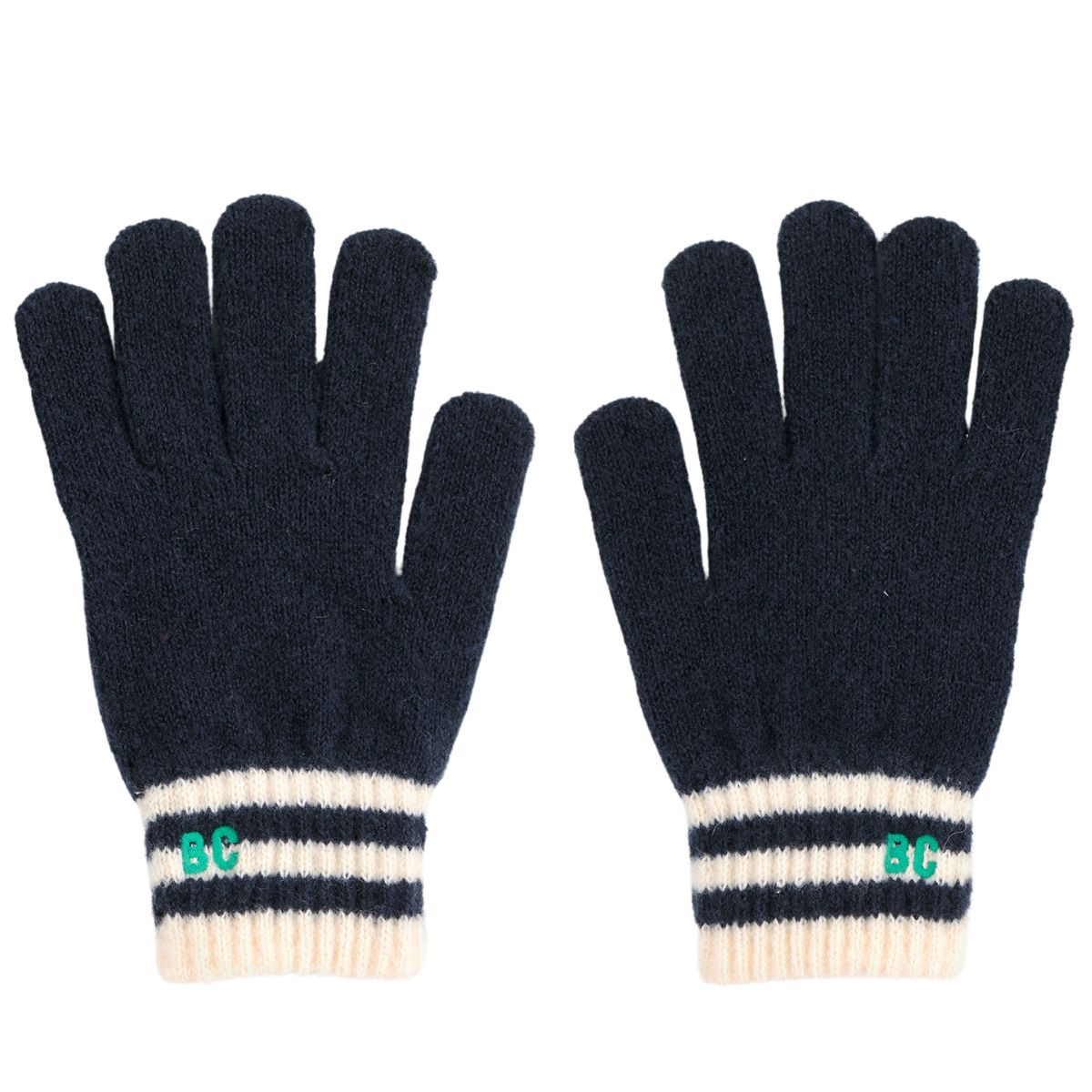 The BC Navy Gloves from Bobo Choses. Knitted navy gloves with cream and navy striped ribbed cuffs.