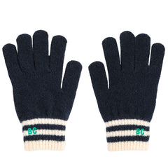 The BC Navy Gloves from Bobo Choses. Knitted navy gloves with cream and navy striped ribbed cuffs.