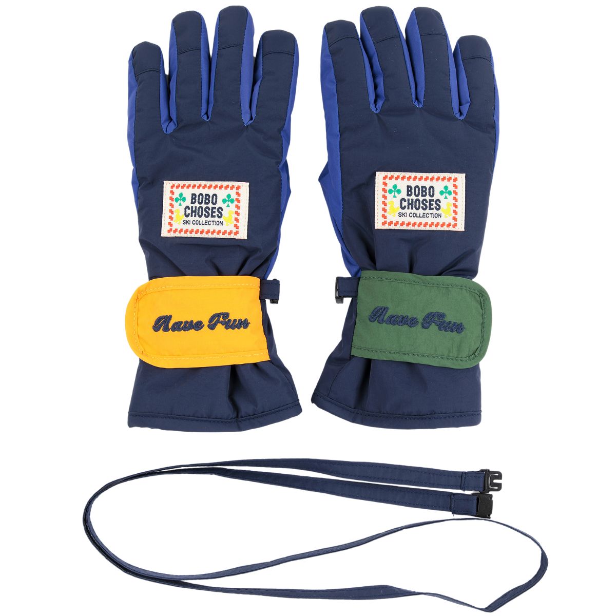 The Bobo Choses Ski Gloves from Bobo Choses in navy with blue accents, playful logo patches and a strap.