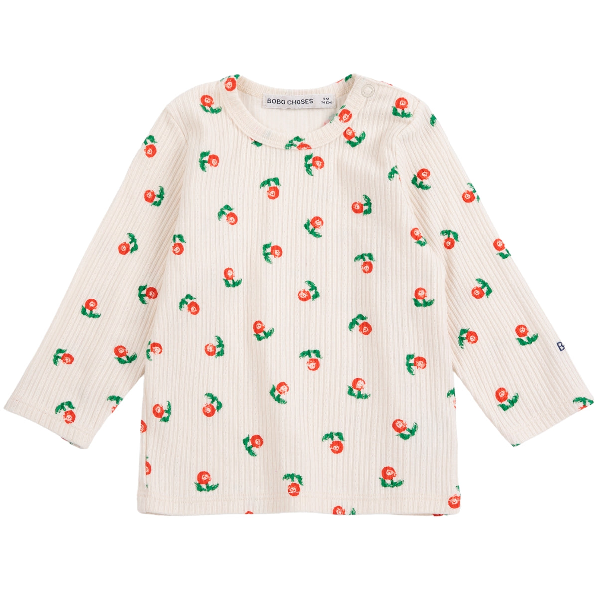 The Stamp Bloom All Over Tee from Bobo Choses in off-white ribbed cotton with a red and green floral print and shoulder snaps.