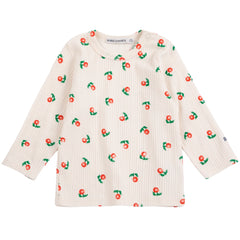 The Stamp Bloom All Over Tee from Bobo Choses in off-white ribbed cotton with a red and green floral print and shoulder snaps.