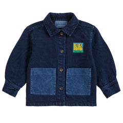 The Booo Bo Choses Tag Denim Shirt from Bobo Choses in dark blue denim with blue corduroy patch pockets and a BB patch.