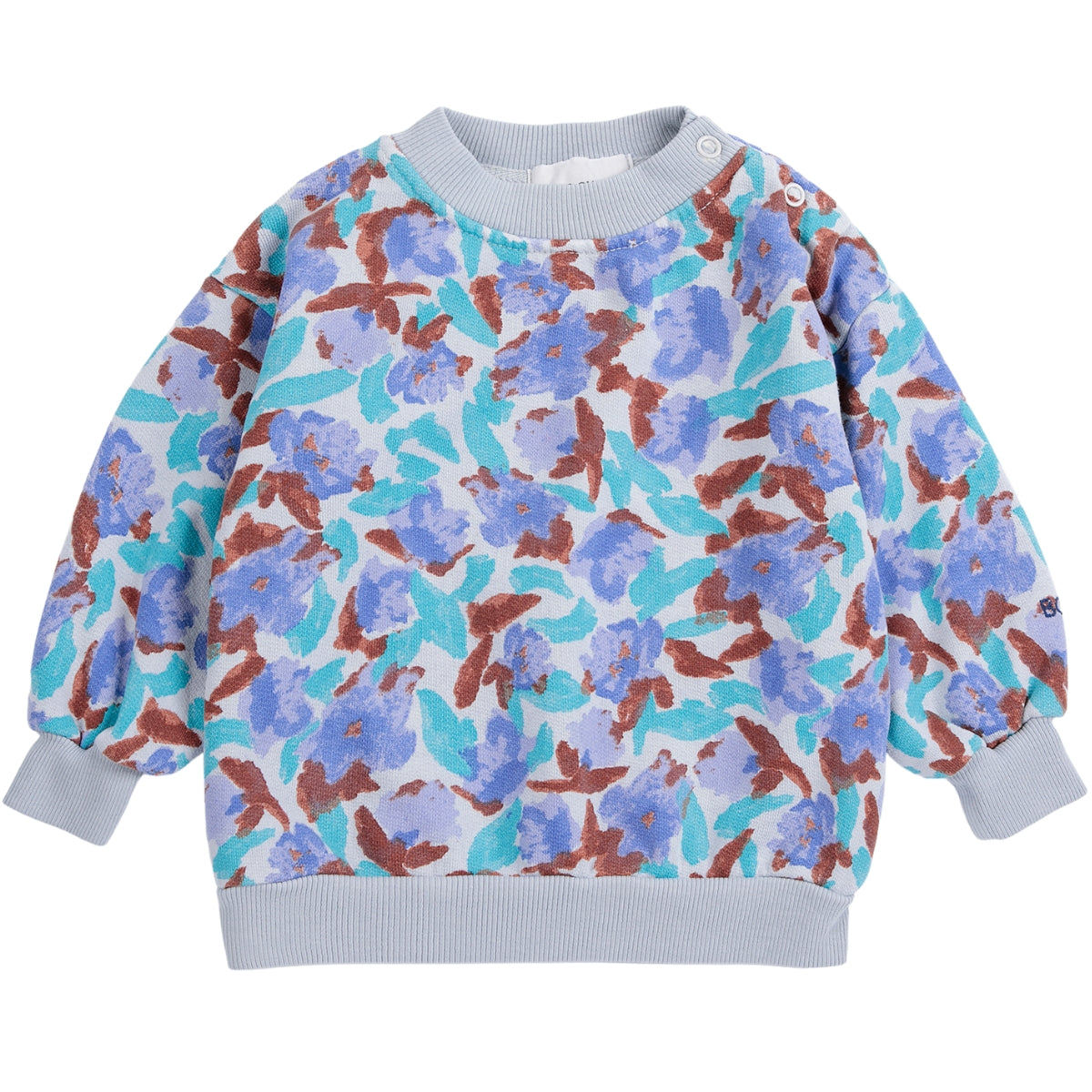 The Watercolor All Over Sweatshirt from Bobo Choses in fleece with a periwinkle floral print and blue ribbed cuffs.