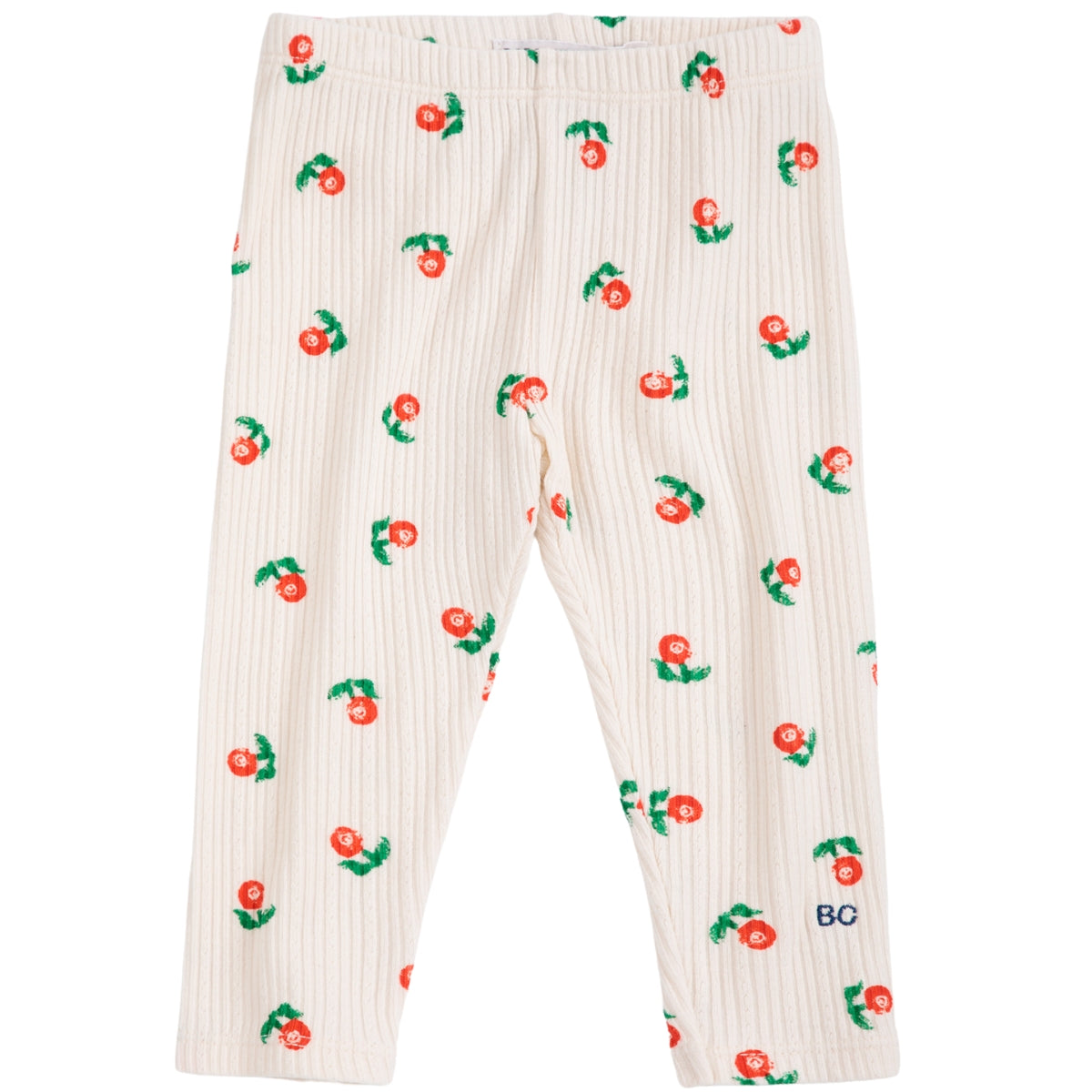 The Stamp Bloom All Over Leggings from Bobo Choses in off-white ribbed knit with a red floral print and BC ankle embroidery.