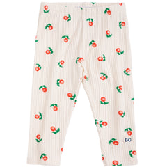 The Stamp Bloom All Over Leggings from Bobo Choses in off-white ribbed knit with a red floral print and BC ankle embroidery.