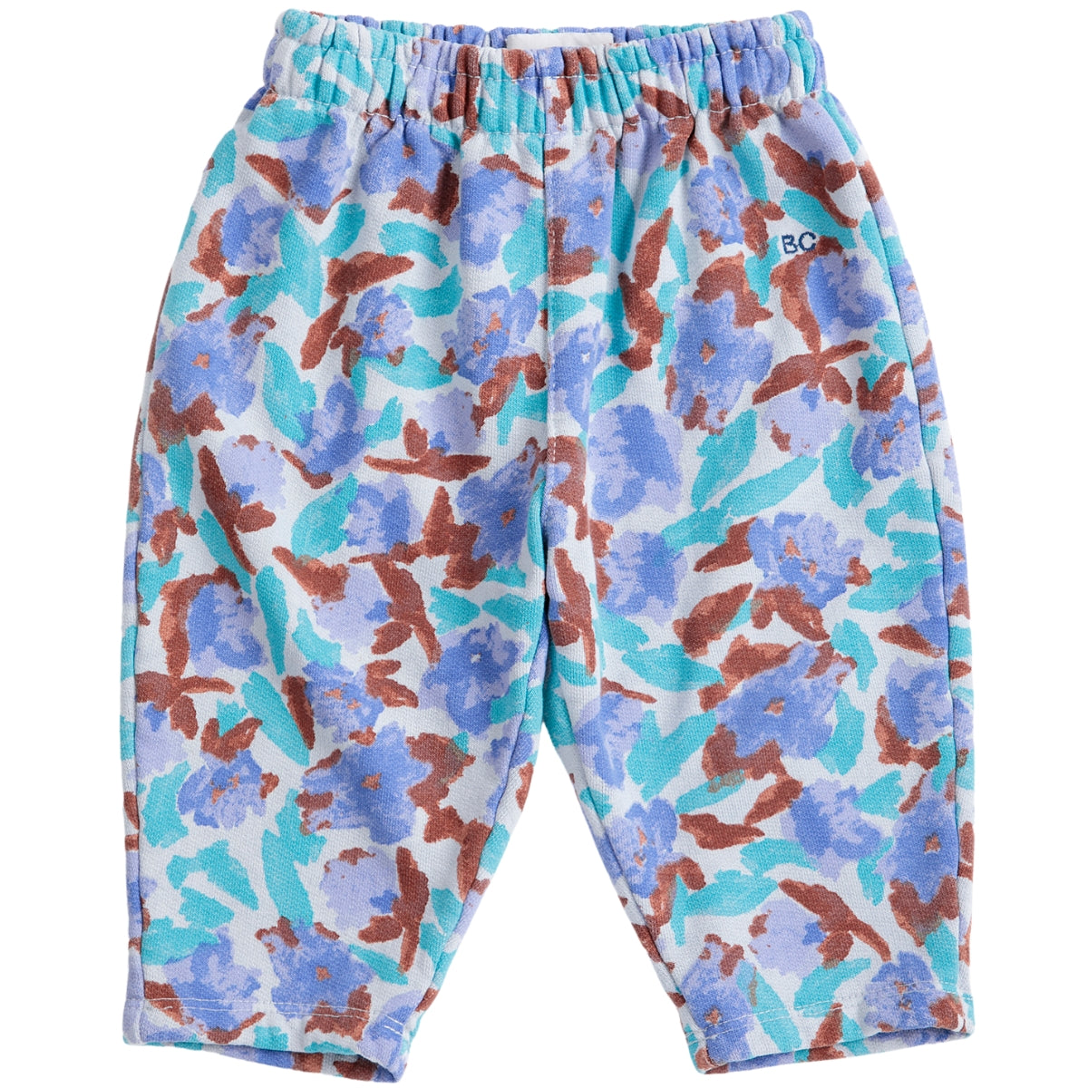 The Watercolor All Over Jogging Pants from Bobo Choses in fleece featuring a blue painterly floral print and BC embroidery.