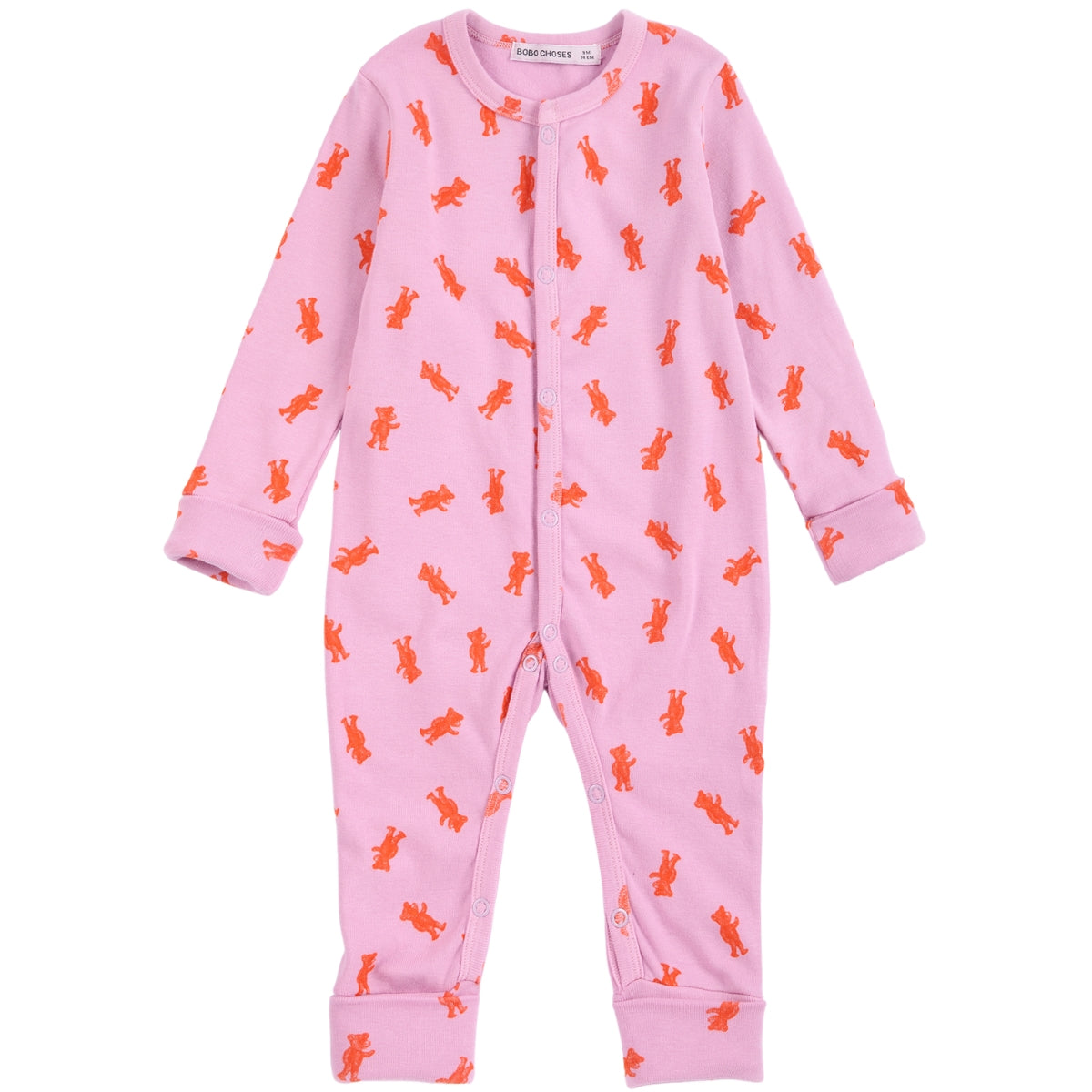 The Softpaw Monster All Over Overall from Bobo Choses in pink cotton with an orange teddy bear print and front snaps.
