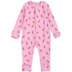 The Softpaw Monster All Over Overall from Bobo Choses in pink cotton with an orange teddy bear print and front snaps.