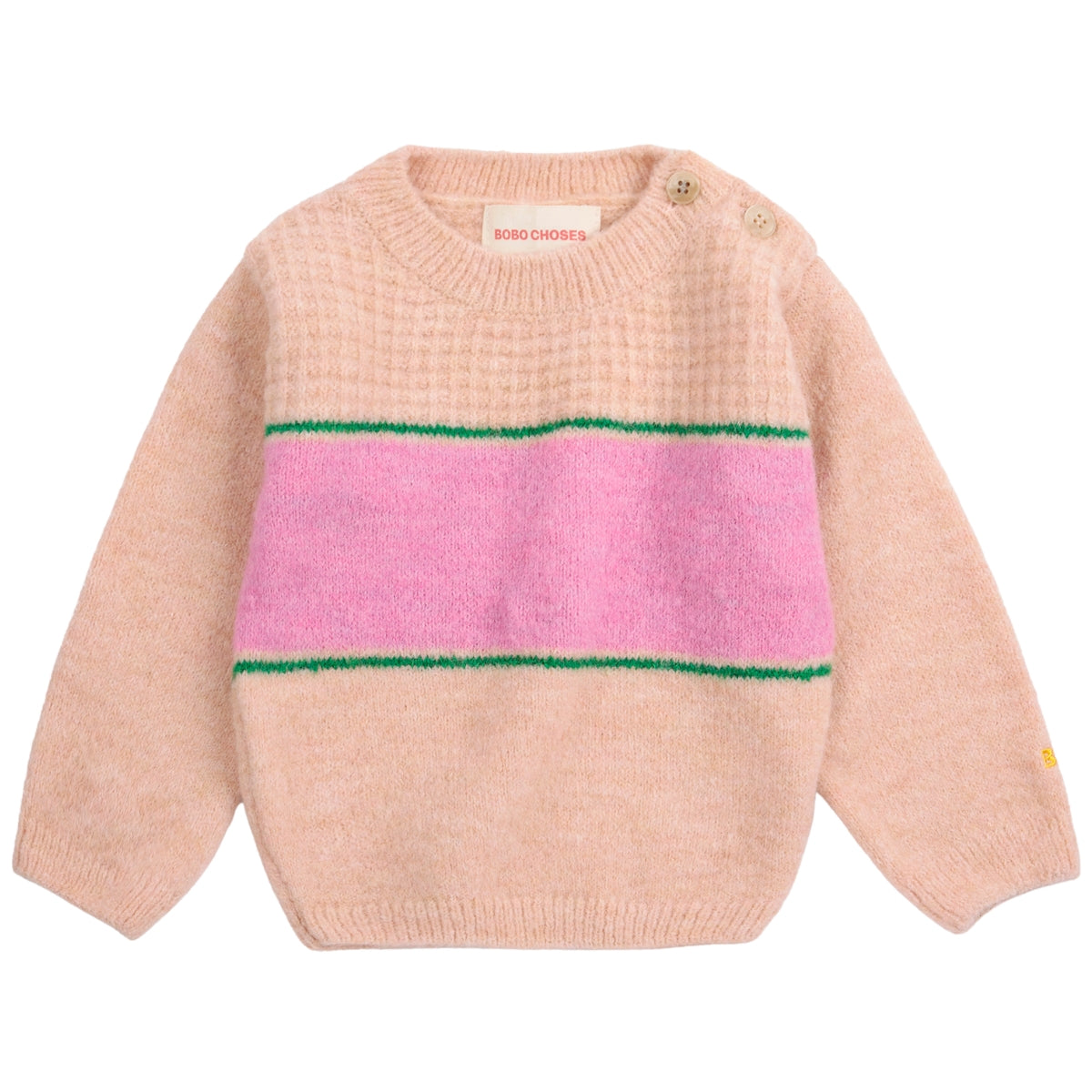 The BC Stripes Jumper from Bobo Choses in peach knit with a wide pink chest stripe, thin green borders, and shoulder buttons.