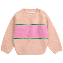 The BC Stripes Jumper from Bobo Choses in peach knit with a wide pink chest stripe, thin green borders, and shoulder buttons.