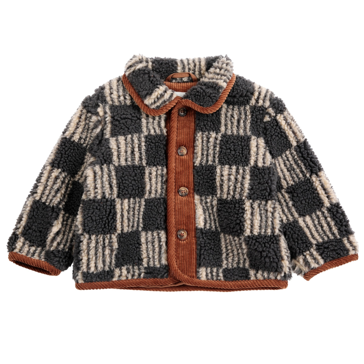 The Almost Moiré All Over Sheepskin Jacket from Bobo Choses in gray and off-white checked fleece with brown corduroy trim.