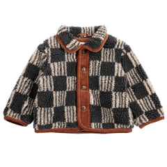 The Almost Moiré All Over Sheepskin Jacket from Bobo Choses in gray and off-white checked fleece with brown corduroy trim.