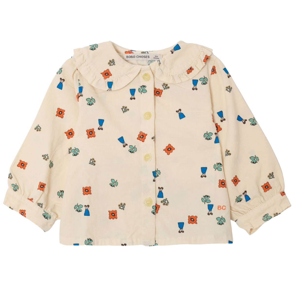 The Blossom All Over Woven Blouse from Bobo Choses in cream woven cotton featuring a ruffle collar and floral vase print.