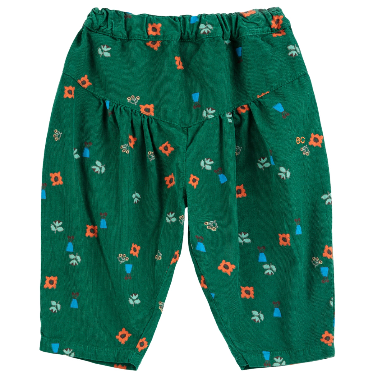 The Blossom All Over Corduroy Pants from Bobo Choses in green corduroy featuring a gather-detailed yoke and floral print.