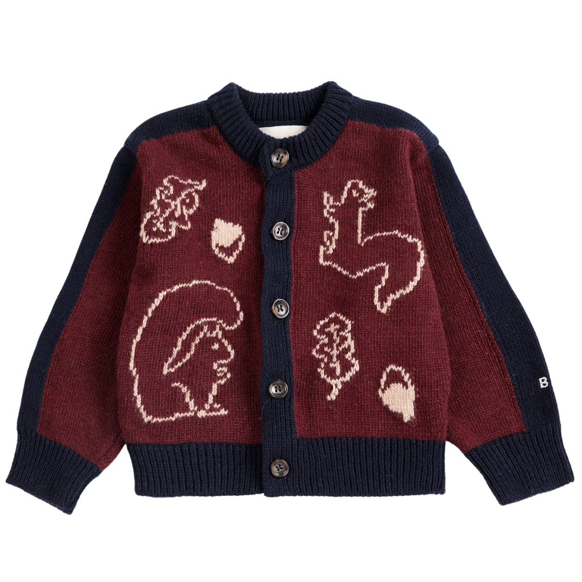 The Forest Scene Cardigan from Bobo Choses in burgundy and navy knit featuring cream squirrel and deer illustrations.