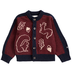 The Forest Scene Cardigan from Bobo Choses in burgundy and navy knit featuring cream squirrel and deer illustrations.