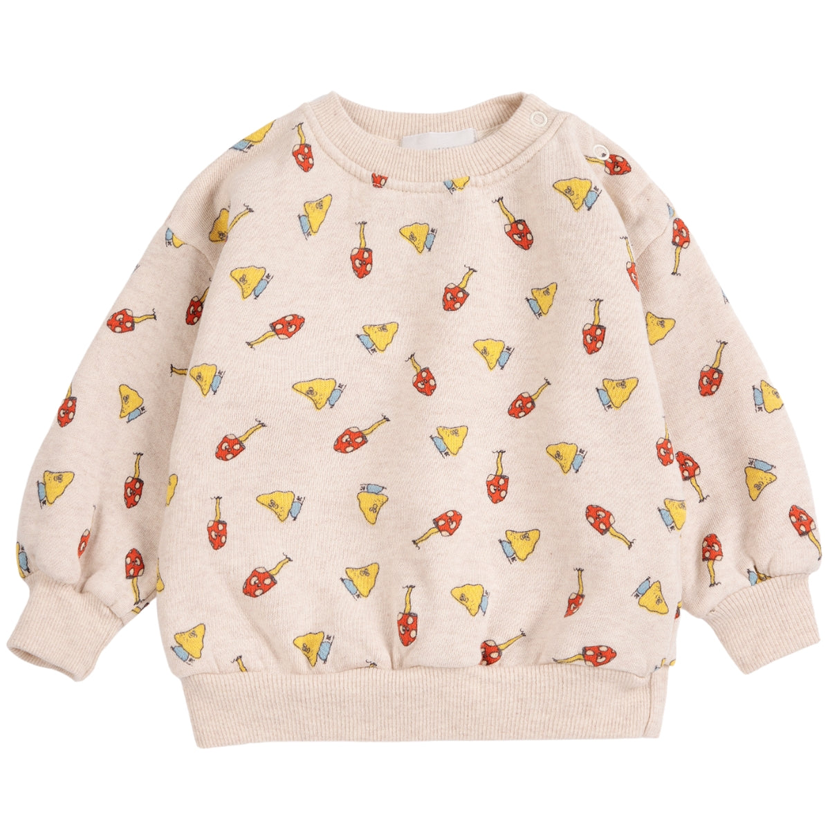 The Mush Monster Duo All Over Sweatshirt from Bobo Choses in heathered beige fleece with an allover mushroom print.