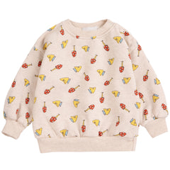The Mush Monster Duo All Over Sweatshirt from Bobo Choses in heathered beige fleece with an allover mushroom print.