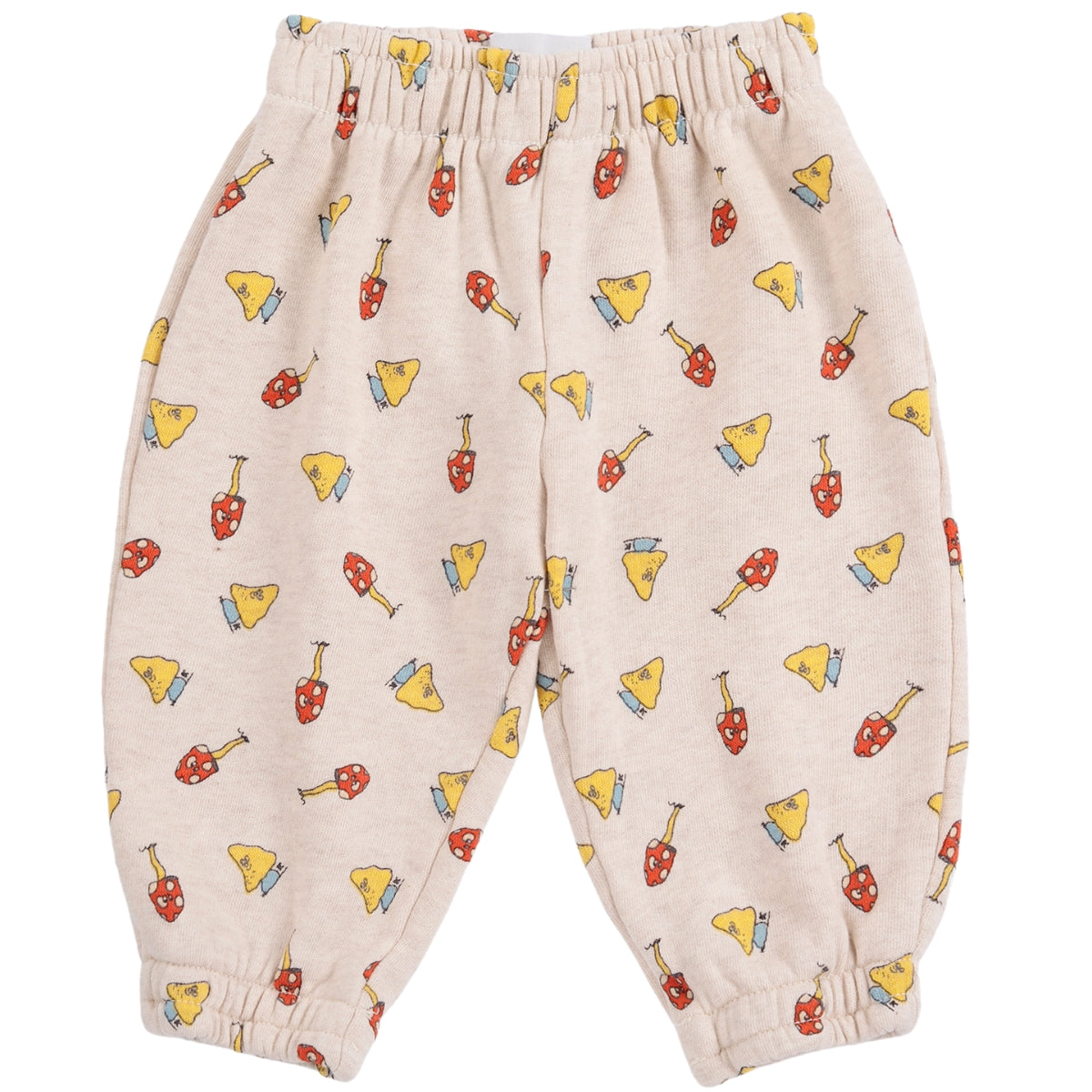 The Mush Monster Duo All Over Jogging Pants from Bobo Choses in heathered beige fleece with a colorful mushroom print.