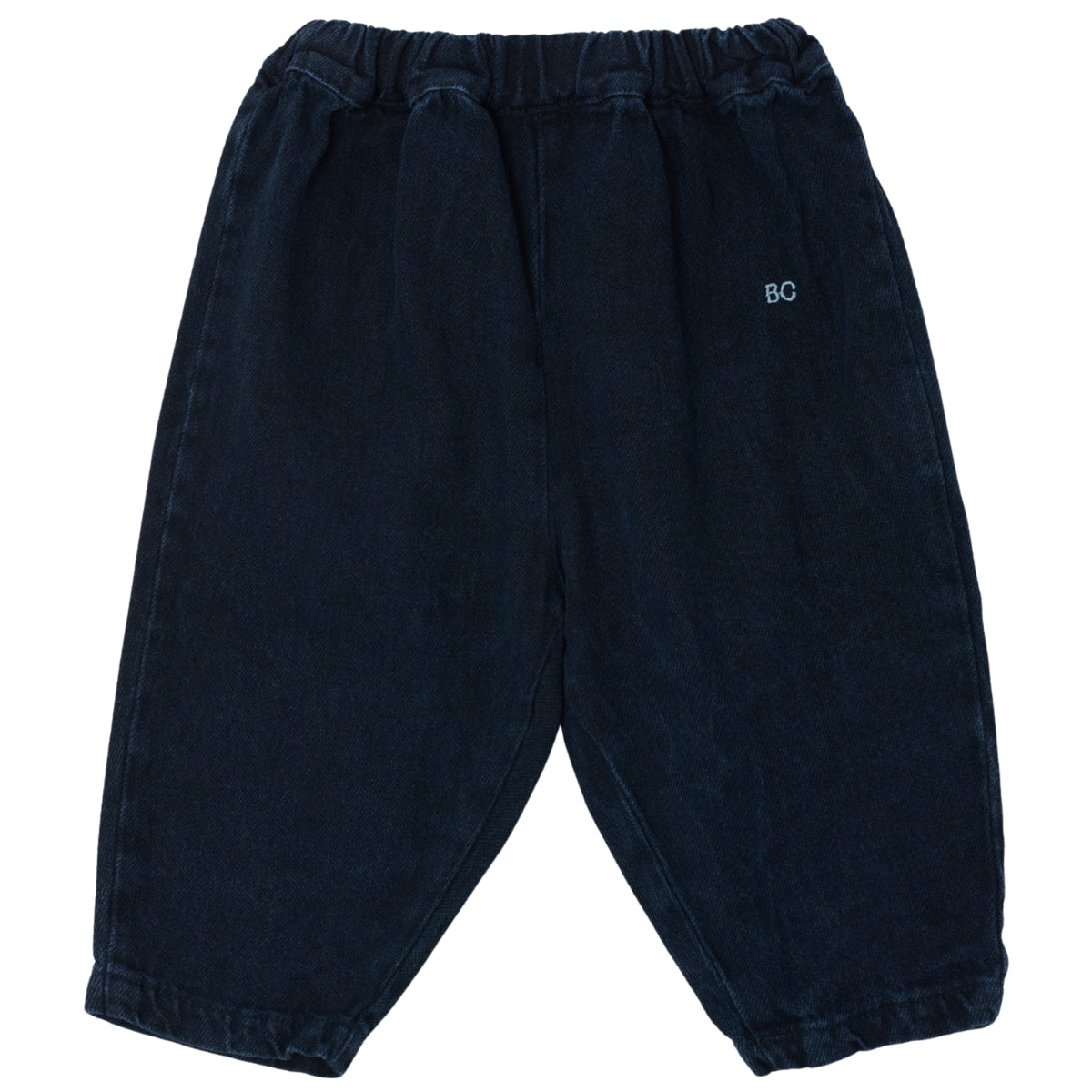 The BC Denim Pants from Bobo Choses in dark blue wash featuring an elastic waistband and embroidered BC initials.