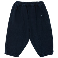 The BC Denim Pants from Bobo Choses in dark blue wash featuring an elastic waistband and embroidered BC initials.