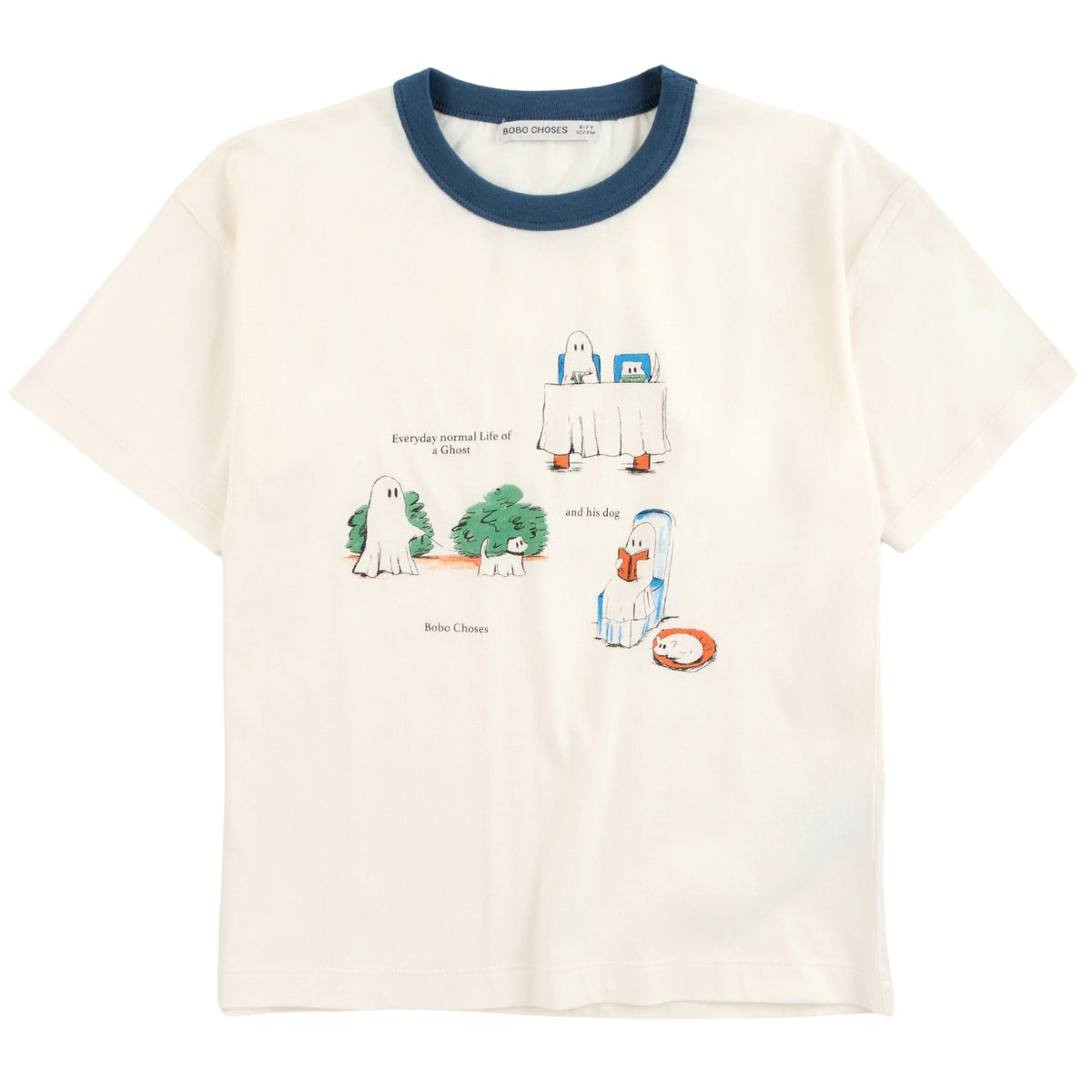 The Everyday Ghosts Tee from Bobo Choses in off-white cotton featuring a blue ringer neck and graphic ghost illustrations.