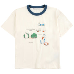 The Everyday Ghosts Tee from Bobo Choses in off-white cotton featuring a blue ringer neck and graphic ghost illustrations.