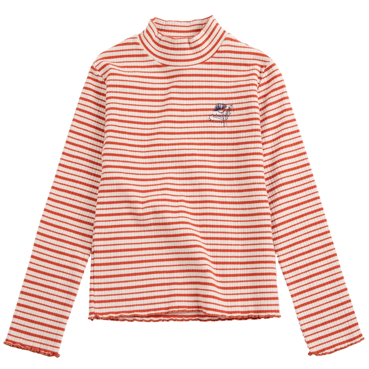 The Energy Flower Stripes Turtle Neck Tee in a red and off-white striped ribbed knit featuring small chest embroidery.