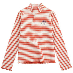 The Energy Flower Stripes Turtle Neck Tee in a red and off-white striped ribbed knit featuring small chest embroidery.