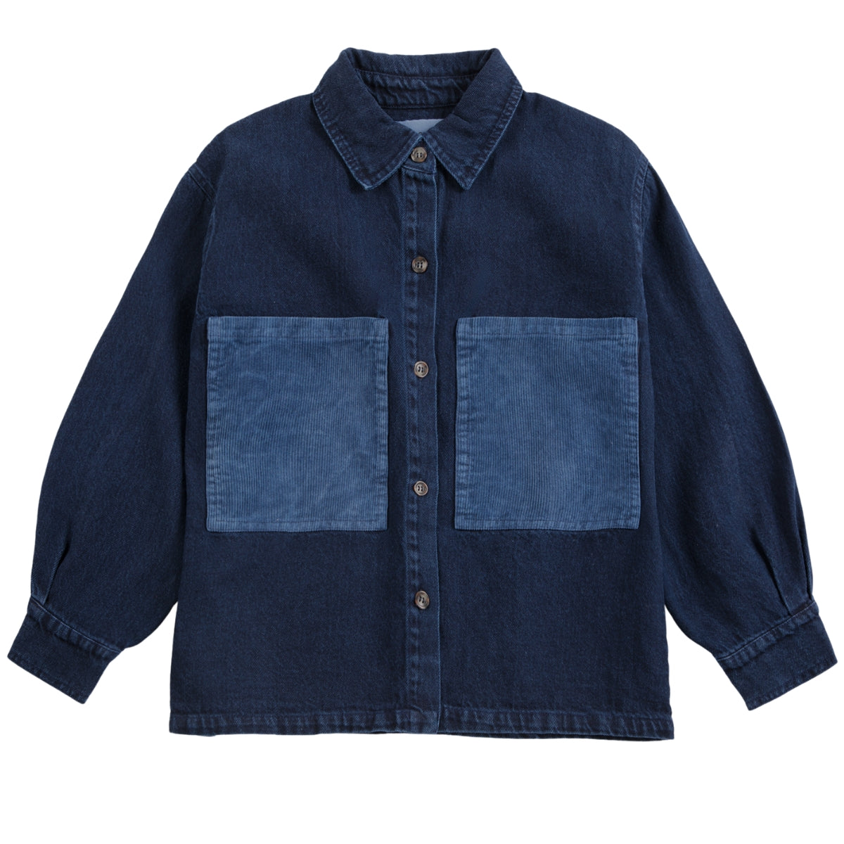The Booo Bo Choses Tag Denim Shirt from Bobo Choses in dark blue denim featuring contrast blue corduroy patch pockets.