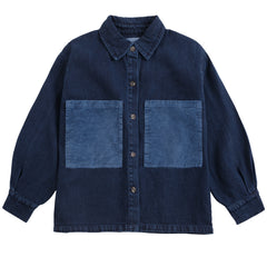 The Booo Bo Choses Tag Denim Shirt from Bobo Choses in dark blue denim featuring contrast blue corduroy patch pockets.