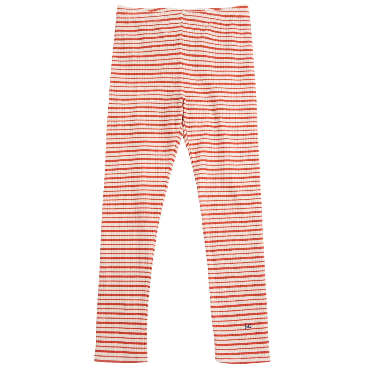 The BC Red Stripes Leggings in an off-white and red horizontal striped ribbed knit featuring subtle "BC" logo embroidery.