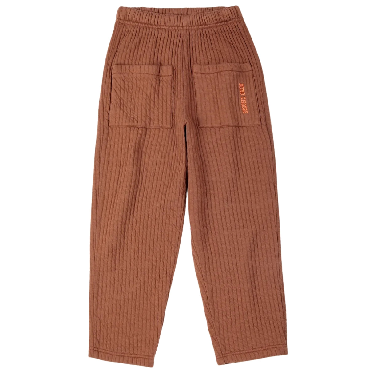 The Quilted Jogging Pants from Bobo Choses featuring a vertically quilted texture, front patch pockets, and logo details.