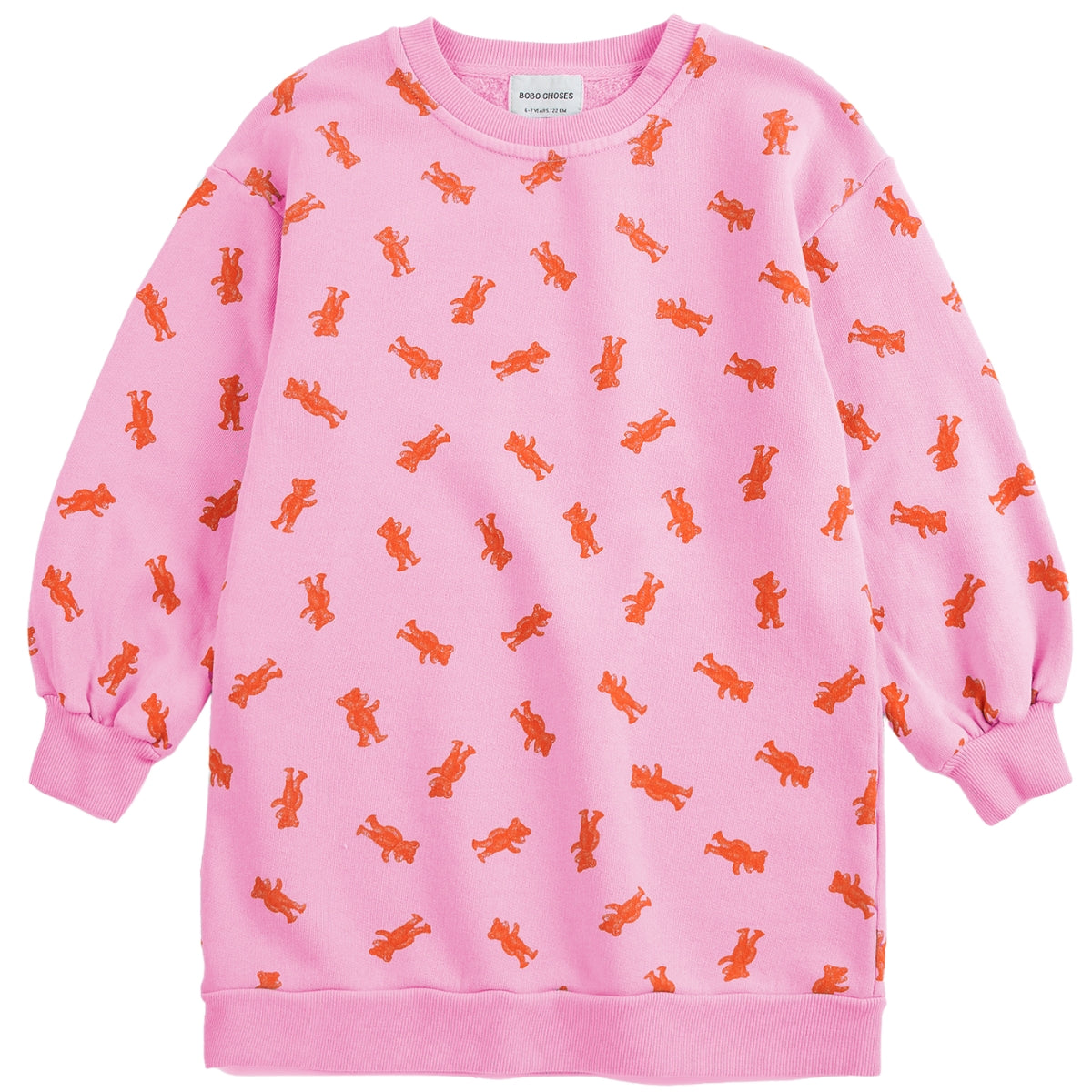 The Softpaw Monster All Over Sweatshirt Dress from Bobo Choses in pink fleece featuring an allover orange teddy bear print.