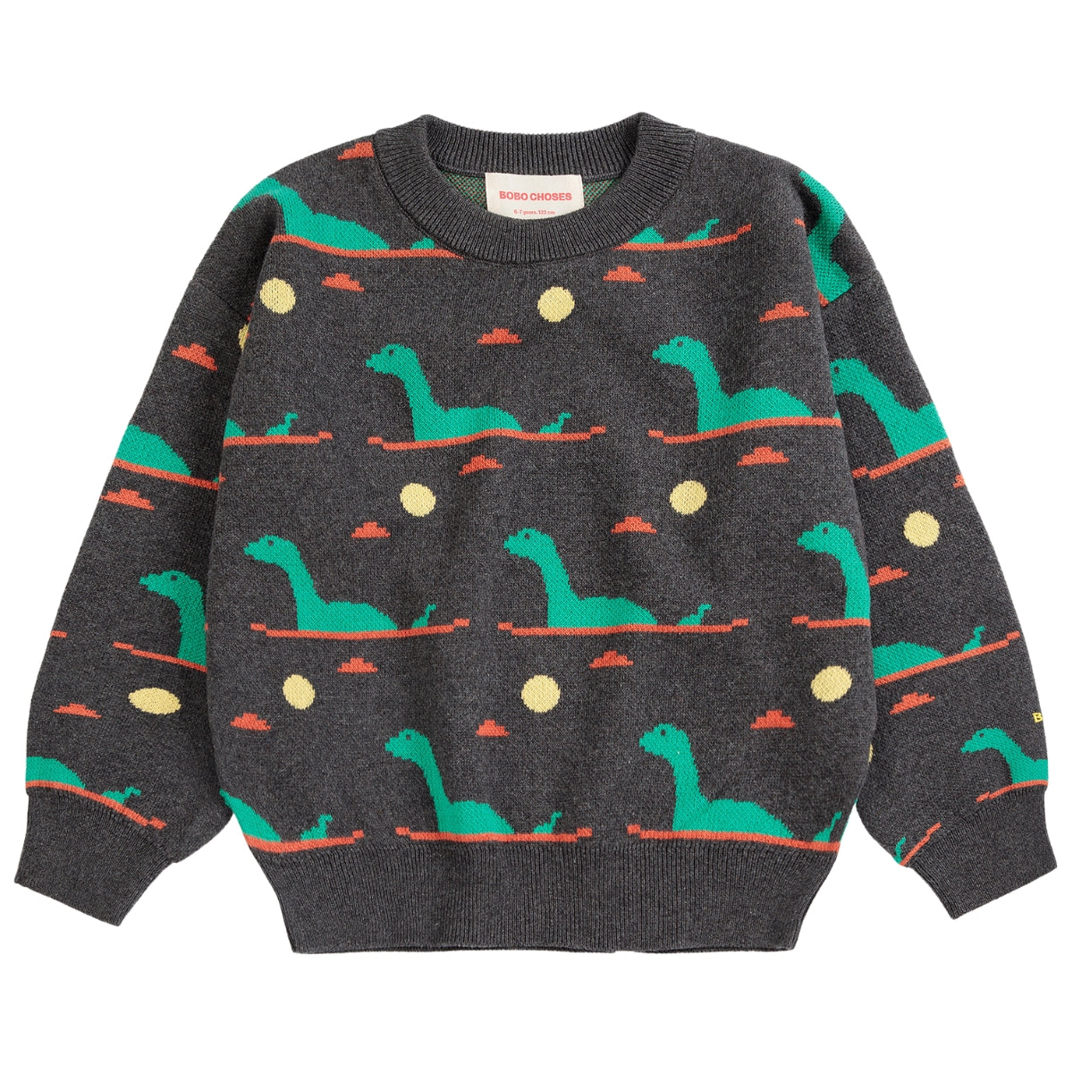 Lake Monster All Over Jacquard Jumper by Bobo Choses with all-over dinosaur jacquard pattern.