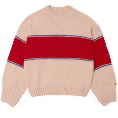 The Stripes Jacquard Jumper from Bobo Choses in blush pink knit with a wide red chest stripe and ribbed knit trims.