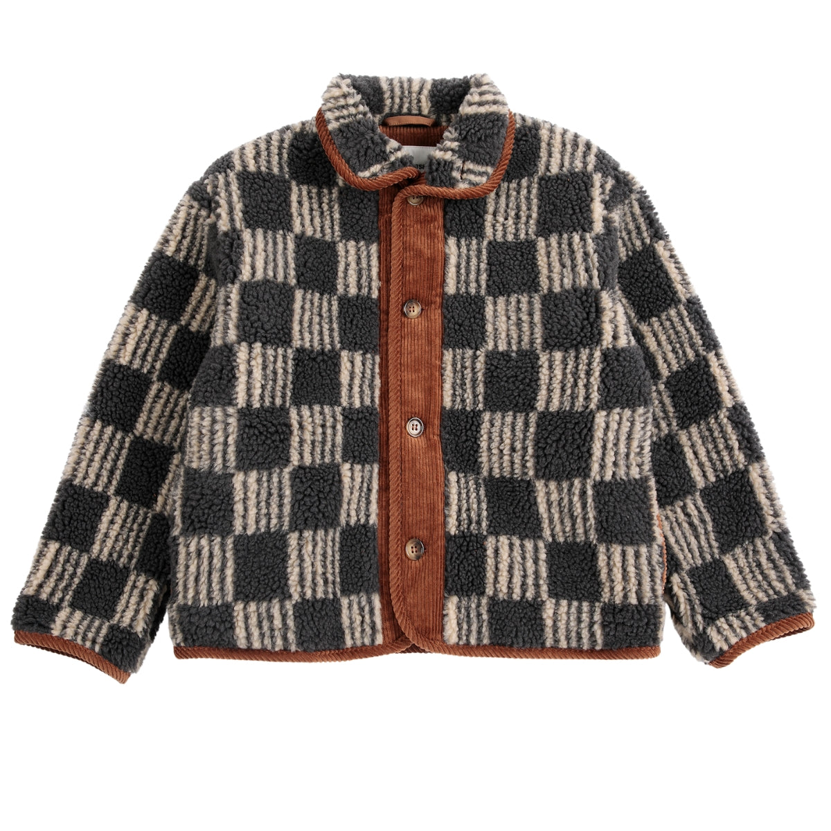 The Almost Moiré All Over Sheepskin Jacket from Bobo Choses featuring a charcoal checkered fleece design and corduroy trim.