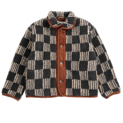 The Almost Moiré All Over Sheepskin Jacket from Bobo Choses featuring a charcoal checkered fleece design and corduroy trim.