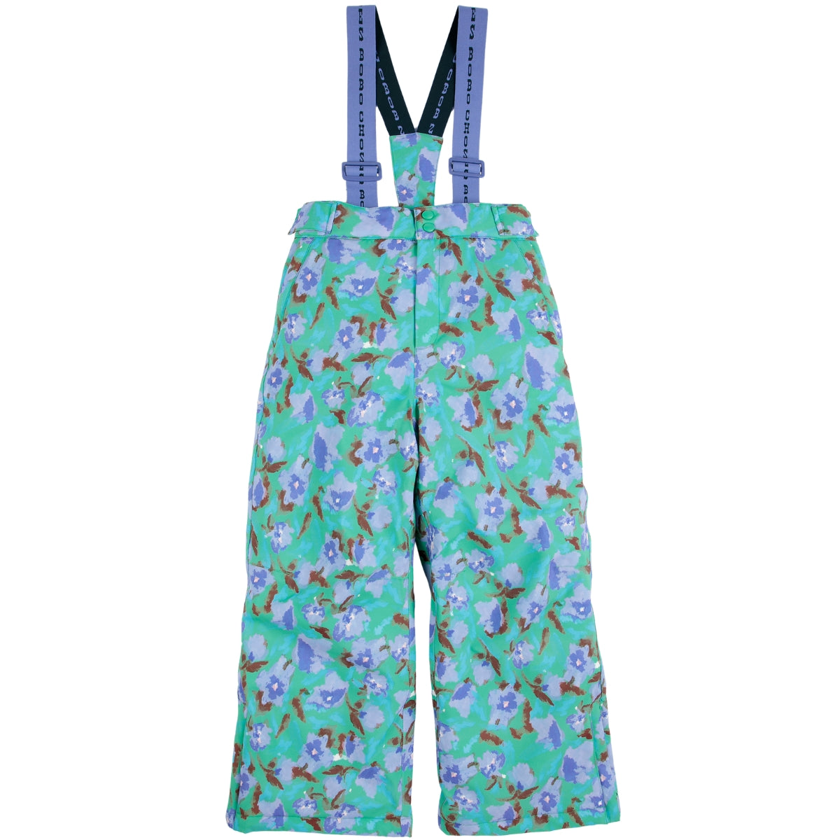 Watercolor All Over Ski Pants by Bobo Choses with floral print, adjustable suspenders and wide-leg fit.